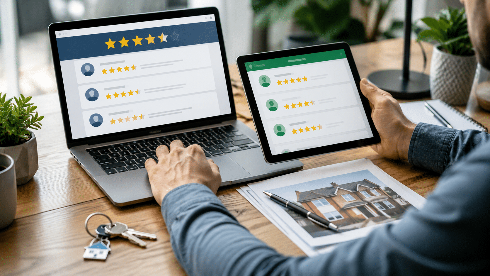 Homeowner comparing property customer ratings on a laptop and tablet beside house keys and documents.