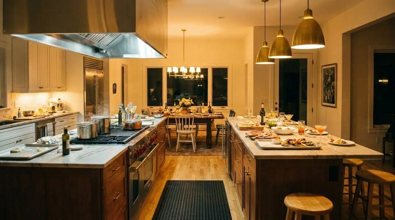 Two connected kitchen islands for cooking and serving
