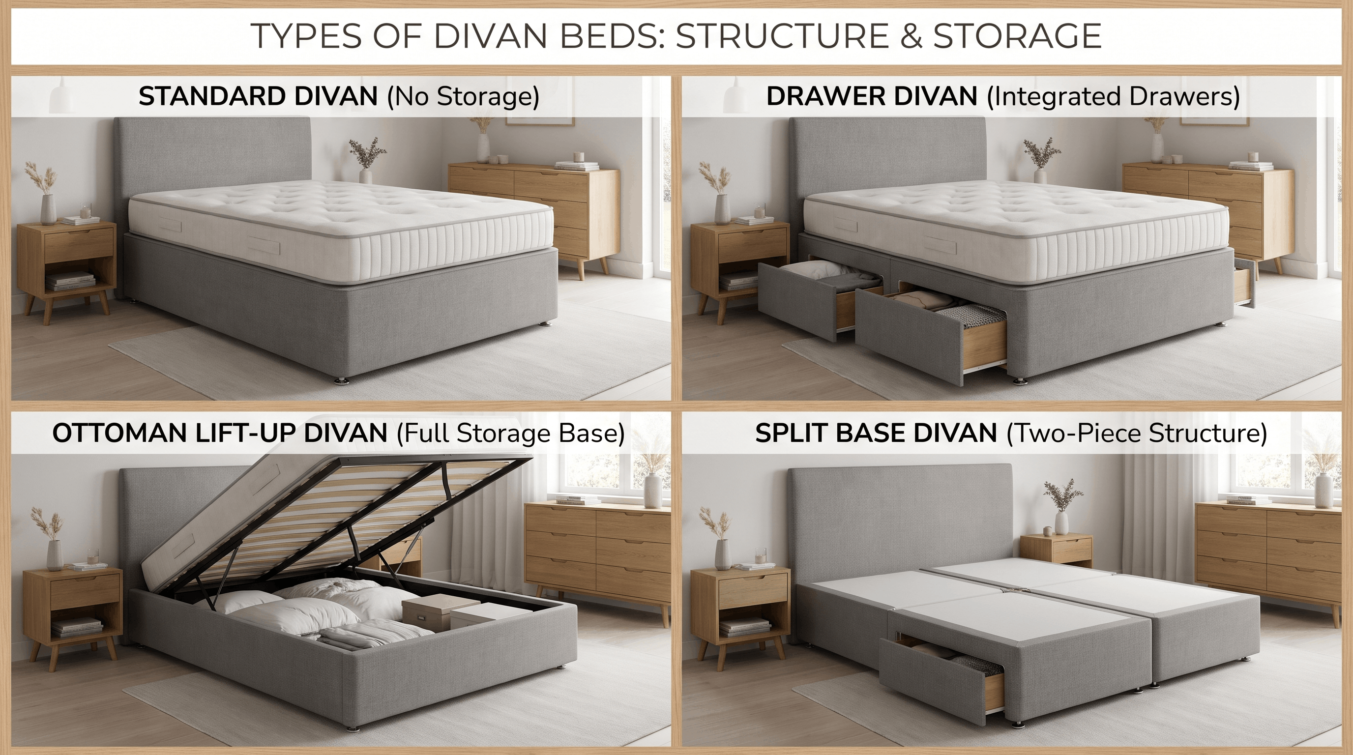 Collage showing different types of divan beds including drawer and ottoman styles.
