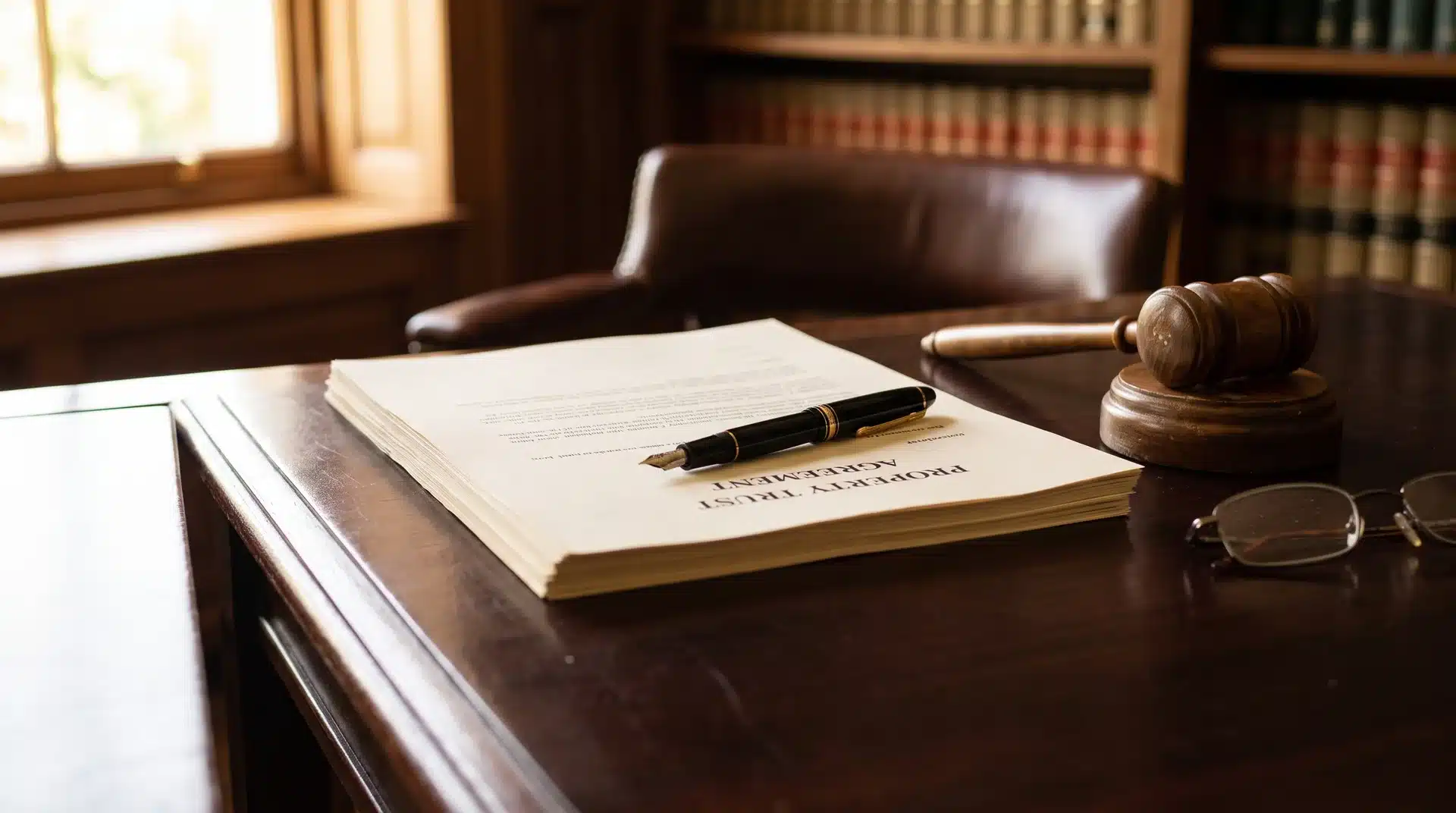 Property protection trust documents on a solicitor desk with fountain pen and reading glasses.