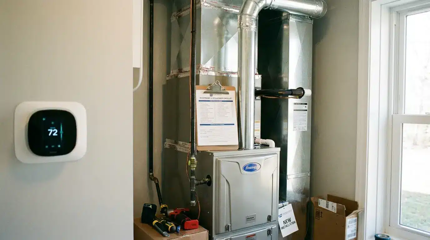 High-efficiency HVAC furnace with ductwork, smart thermostat, and utility room setup for improved home heating and cooling.