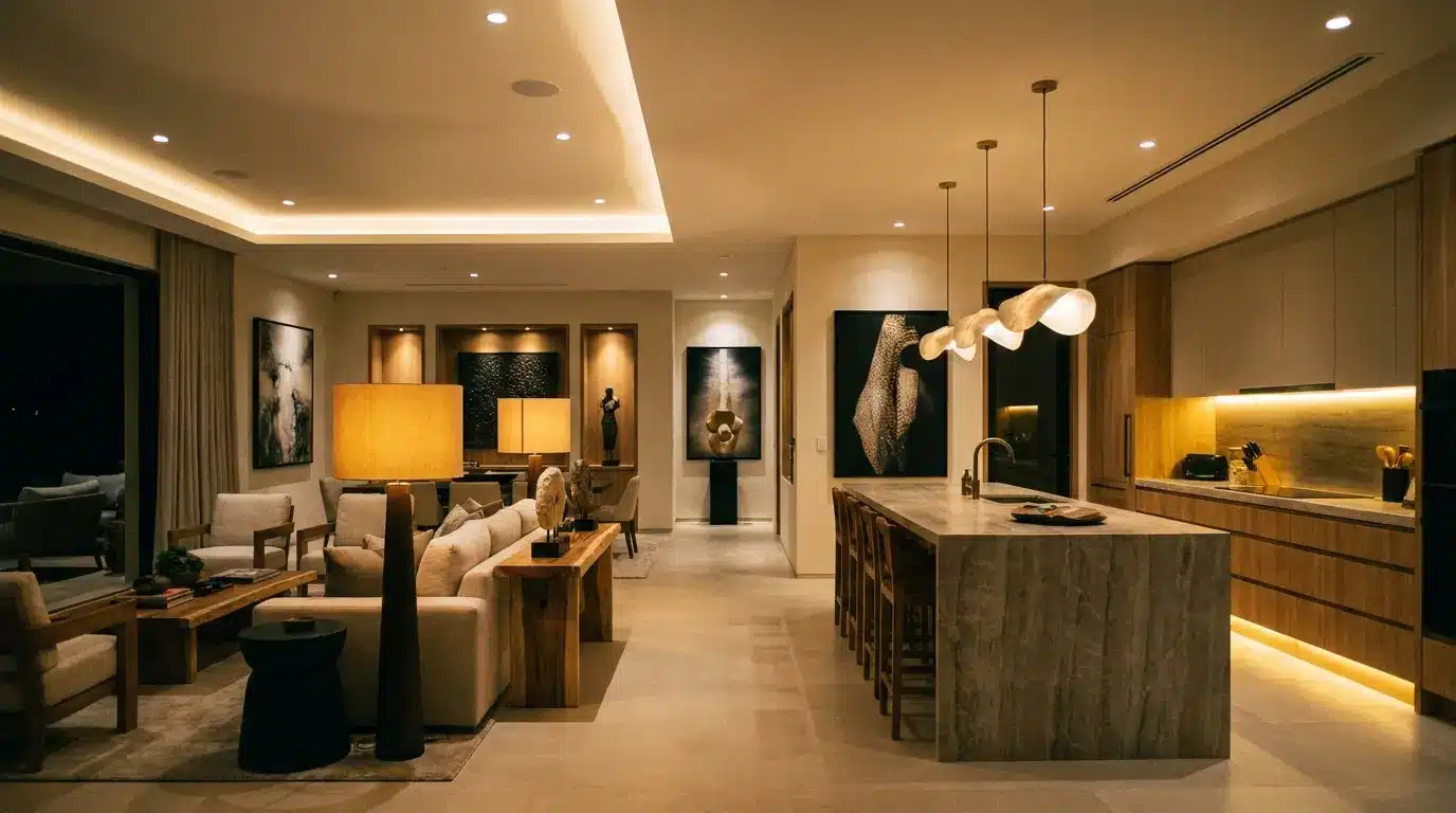 Modern open-concept living room and kitchen with recessed lighting, pendant lights, LED accents, and warm ambient illumination.