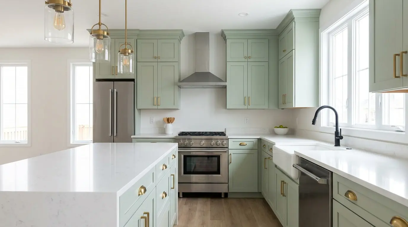 Modern kitchen with sage green cabinets, white quartz countertops, brass hardware, stainless steel appliances, and a large island.