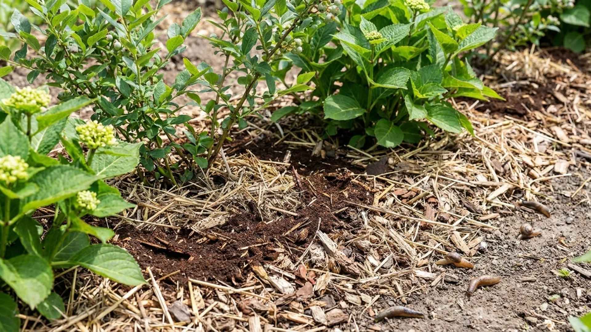 Thin layer of coffee grounds mixed with wood chips around blueberry and hydrangea plants.