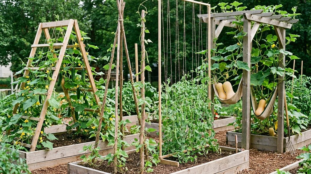 Vegetable garden with cucumber, bean, pea, and squash plants growing vertically on trellises.