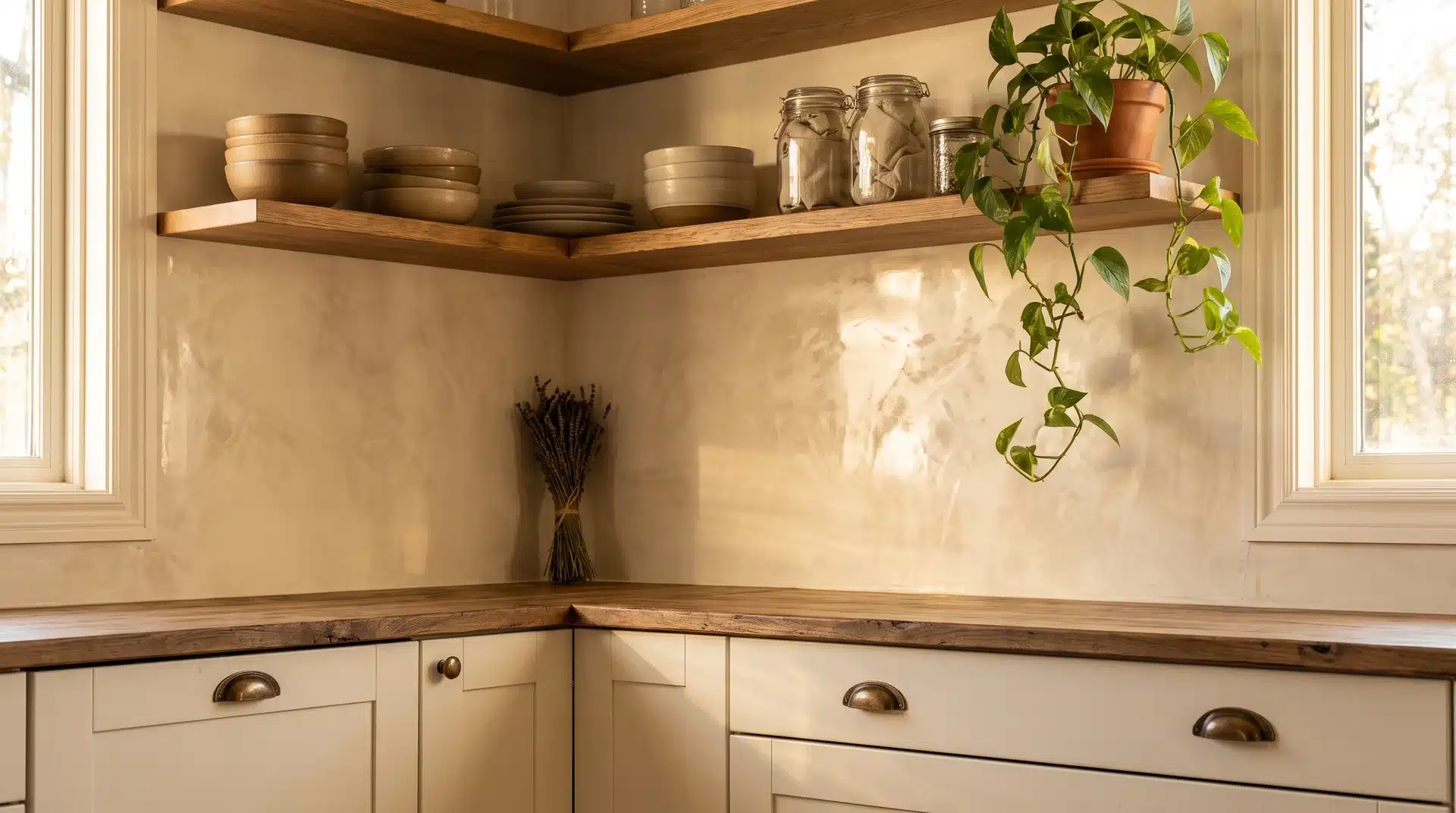 Burnished oyster white Venetian plaster splashback behind open timber shelving with ceramics and a trailing pothos.