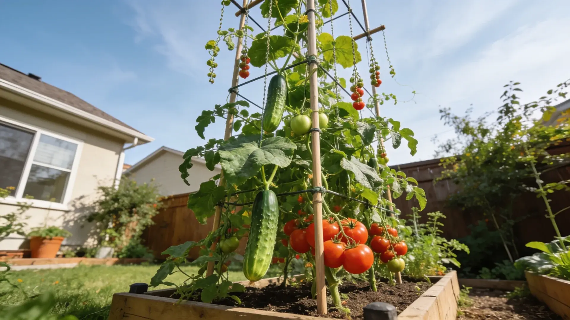 Cucumbers and tomatoes growing on vertical garden trellis