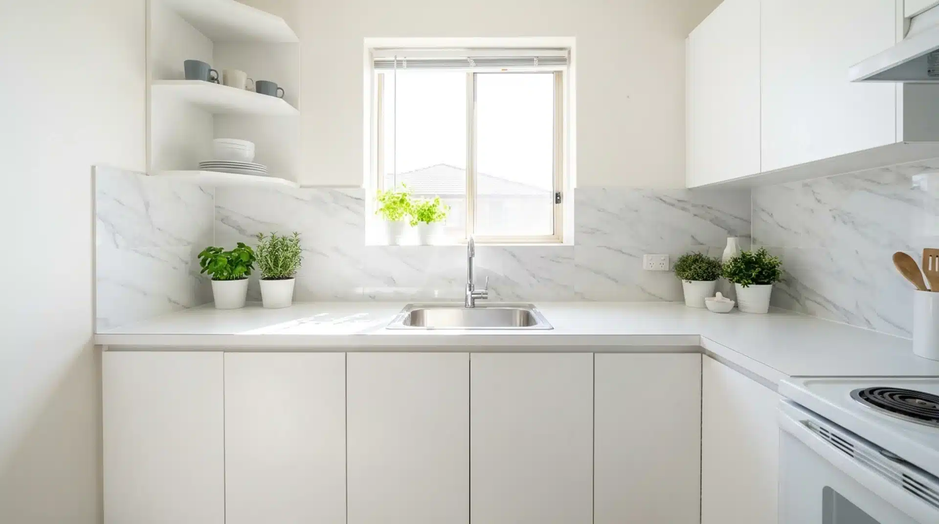 Peel-and-stick marble-effect vinyl splashback behind stainless sink in white rental kitchen with flat-front cabinets.
