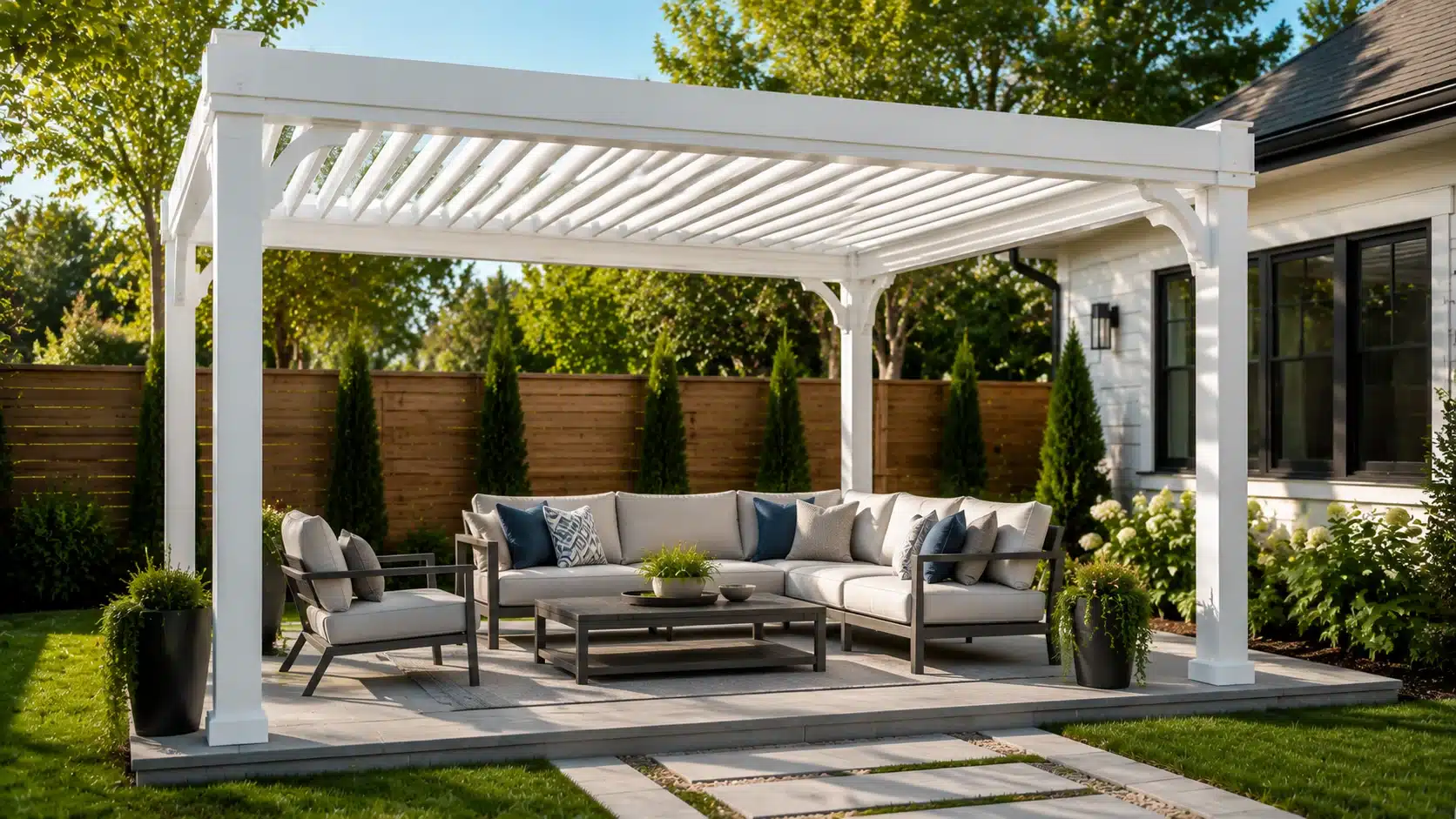Vinyl pergola with a low-maintenance PVC structure designed for outdoor shade while resisting moisture, rot, and insect damage.