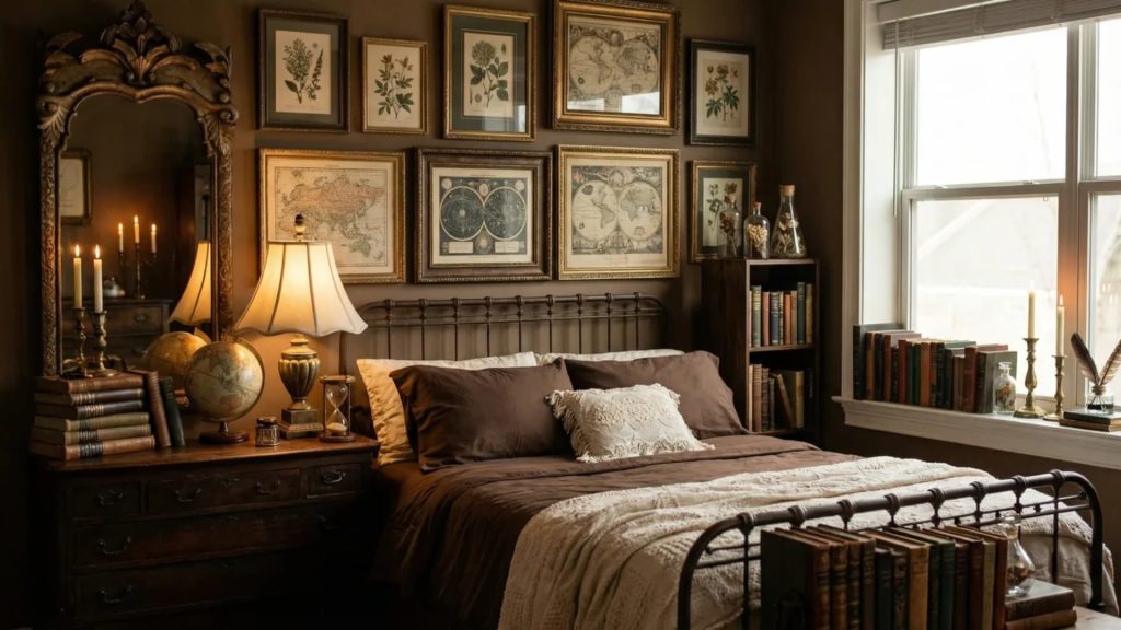 Dark academia bedroom with gallery wall of vintage botanical prints and antique maps, ornate mirror, stacked books, globe decor, warm table lamp, and brass candlesticks on wooden nightstand.