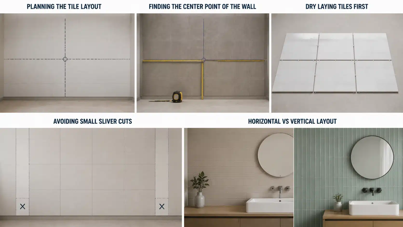 Step-by-step wall tile layout planning infographic showing center point marking, dry laying tiles, avoiding sliver cut