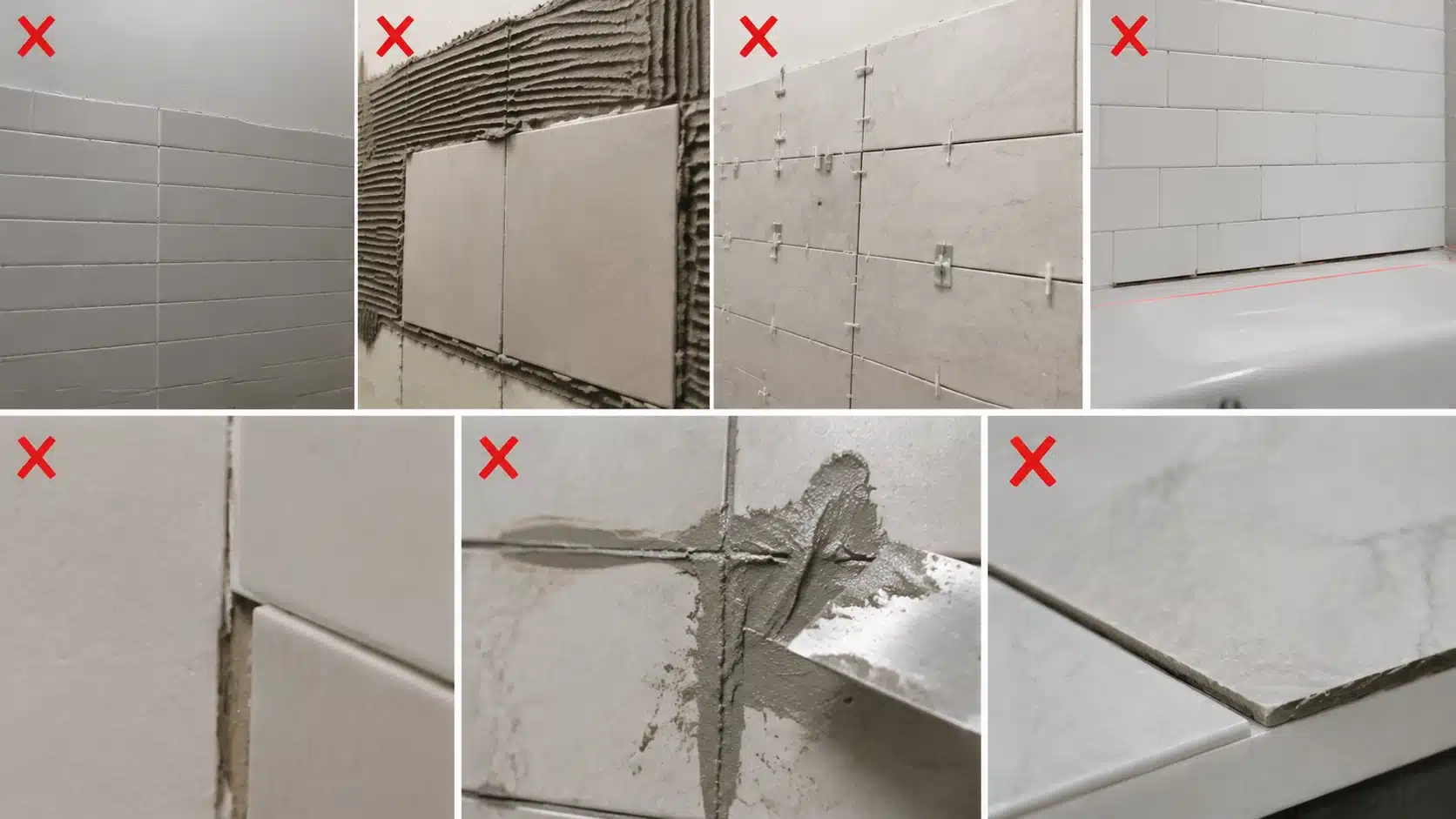 Collage showing common wall tiling mistakes marked with red X signto show errors to avoid