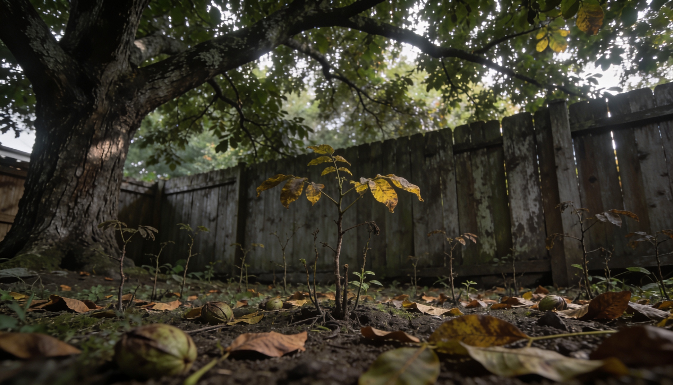 A shaded garden area beneath a mature black walnut tree, showing deep, cool shade created by its dense canopy.