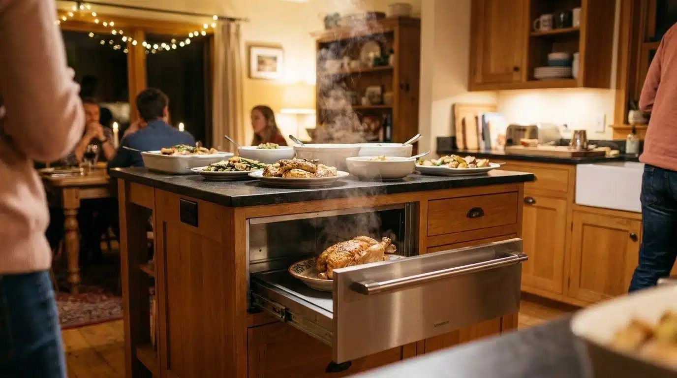Kitchen island with built-in warming drawer