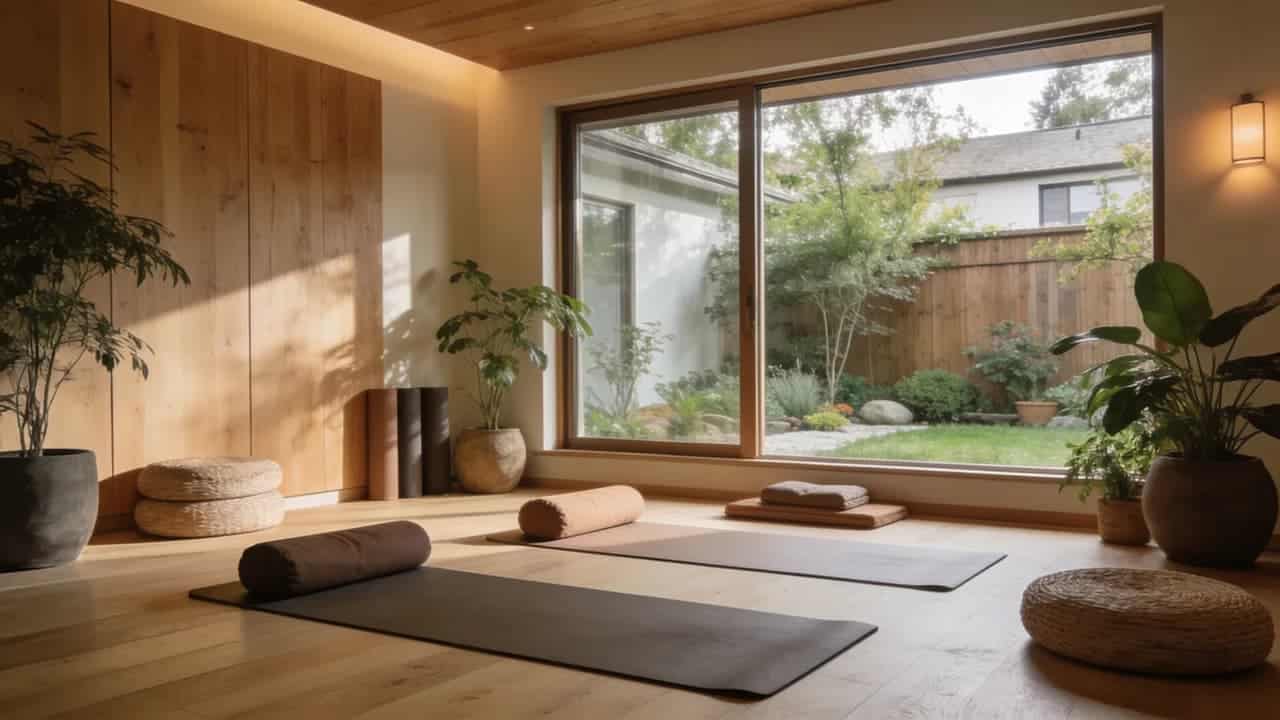 Wellness room addition with yoga space and garden views.