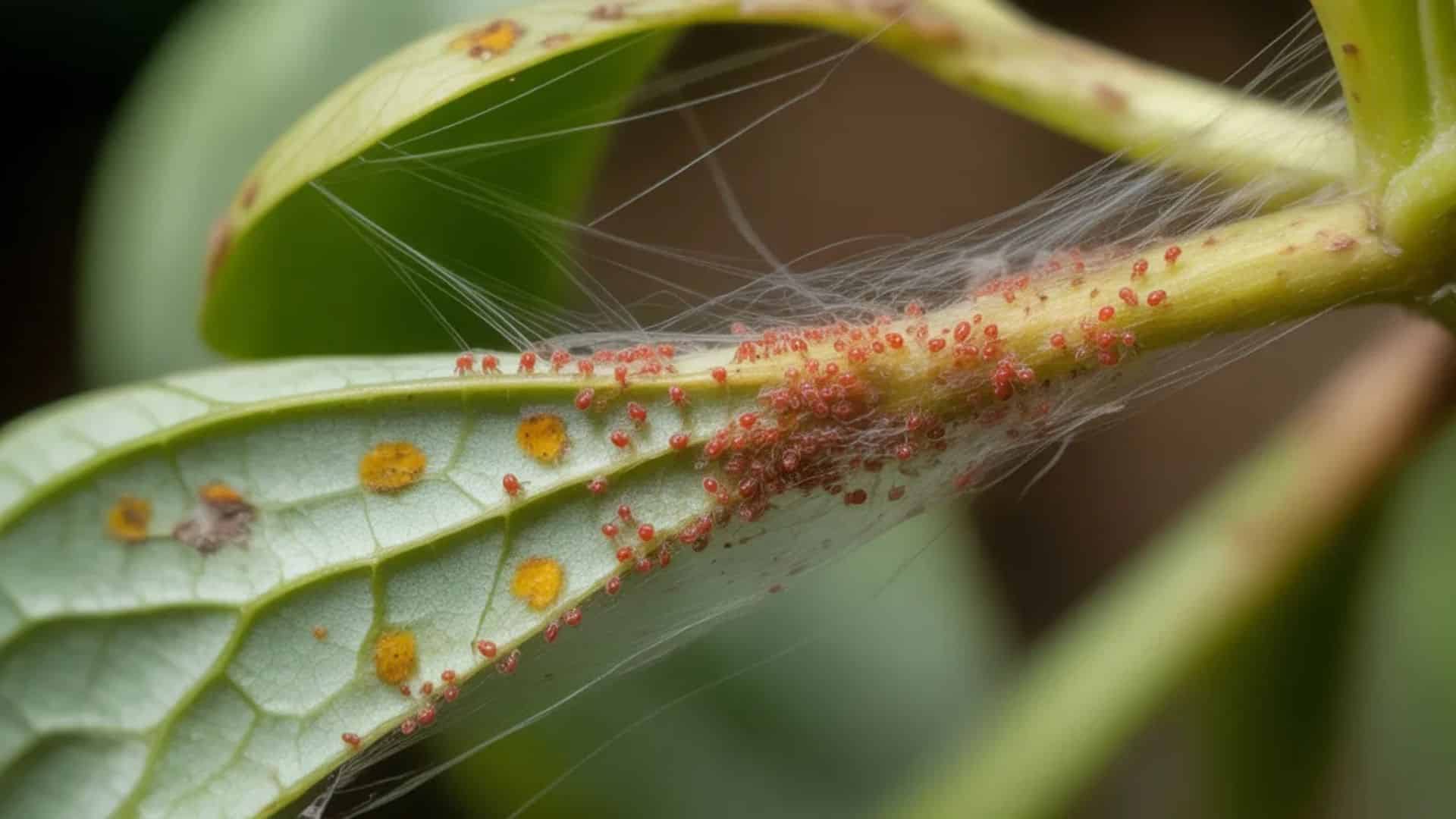 Tiny red spider mites clustered on the underside of a houseplant leaf, causing yellow spots and damage.