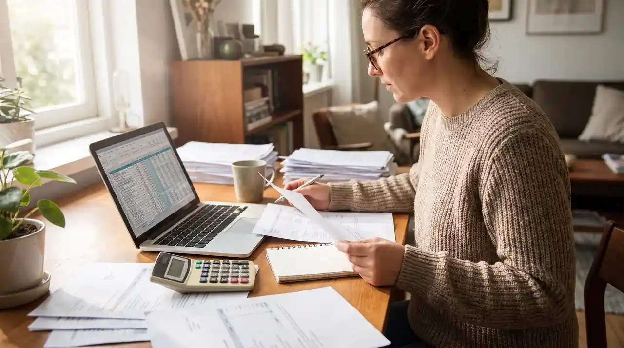 A woman reviewing her finances for a mortgage in principle with income, deposit, and credit details before applying.