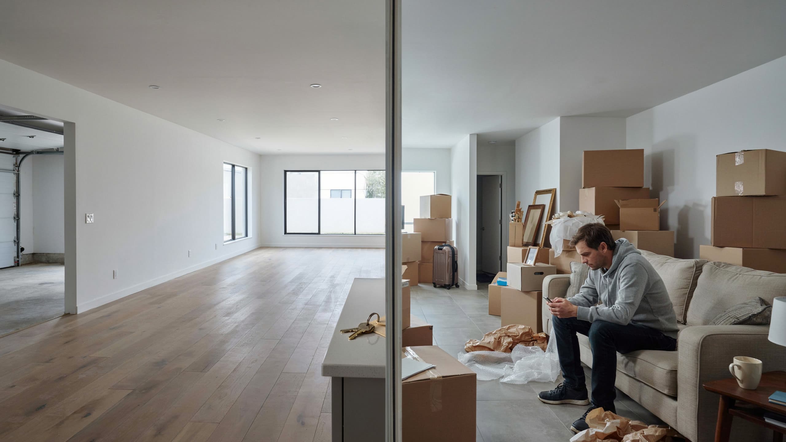 Split view of vacant possession showing empty move-in ready home versus occupied cluttered property with boxes and tenant inside