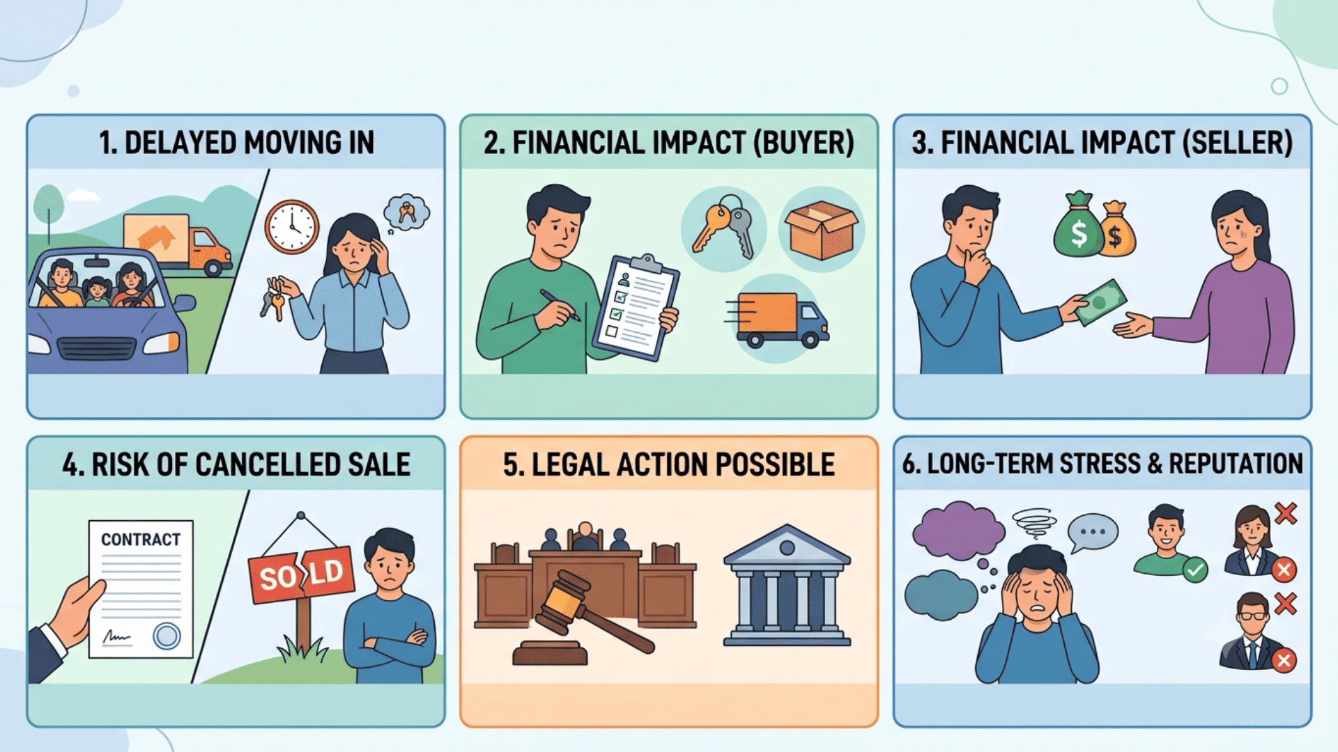 Infographic showing six consequences of failing to provide vacant possession, including delays, costs, cancelled sales, lawsuits, and stress.