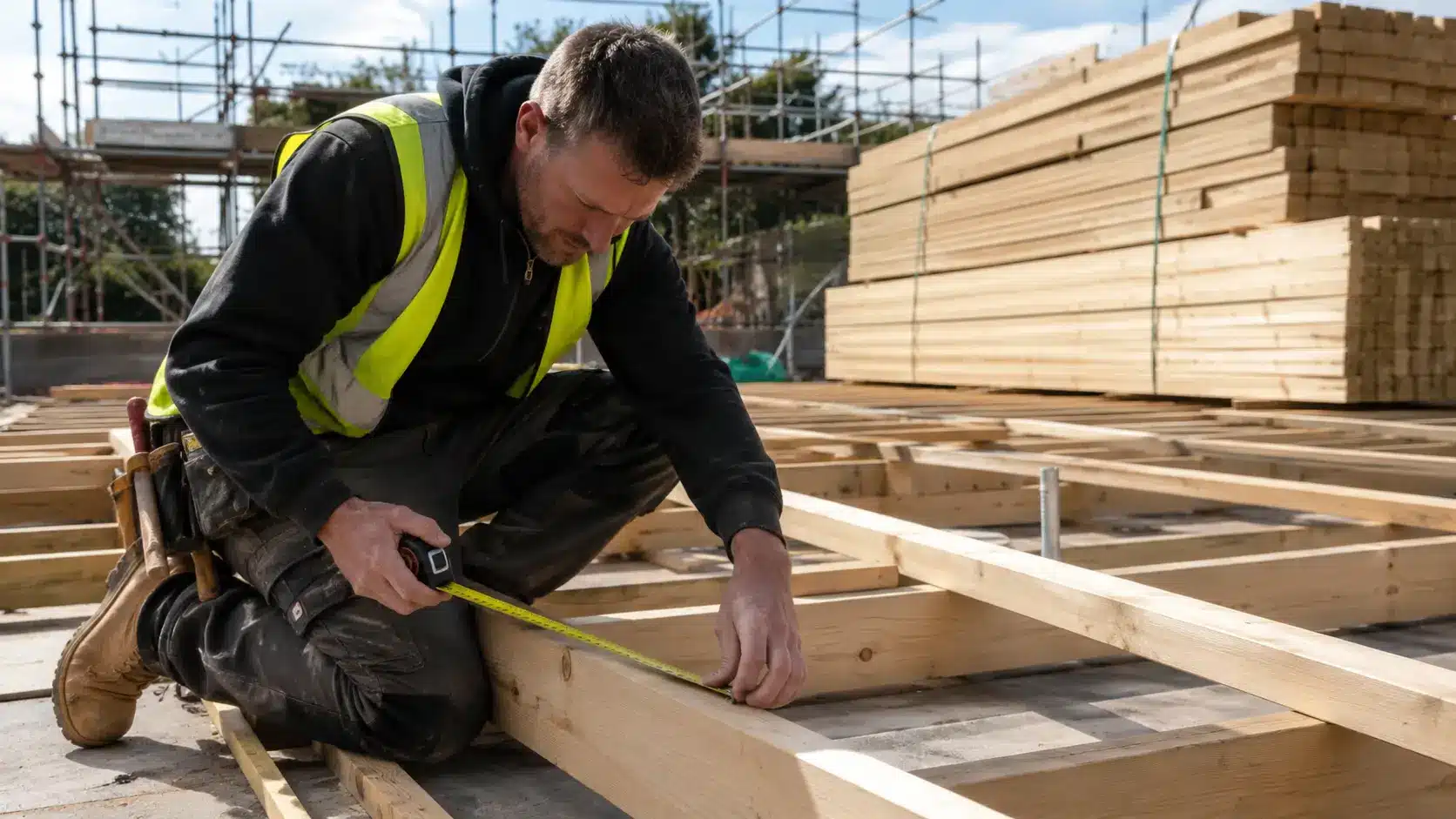 Carpenter measuring a C16 timber joist with a tape measure at a construction site beside stacked timber beams and scaffolding.
