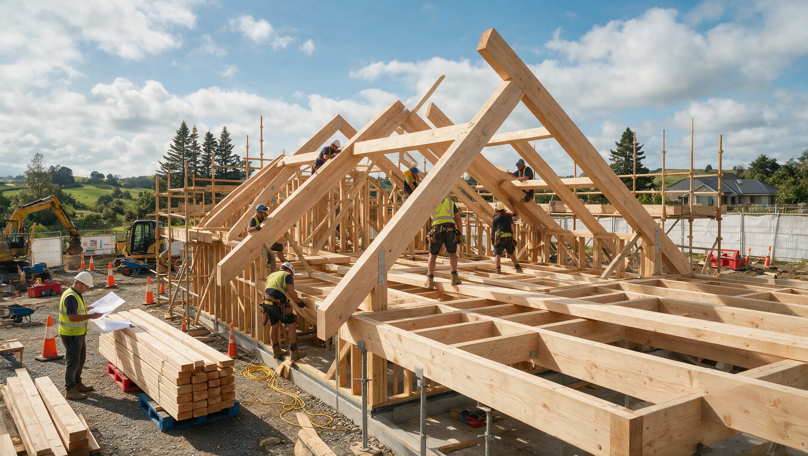 Builders constructing a timber-framed house with C24 timber roof trusses, floor joists, and structural beams on a building site.