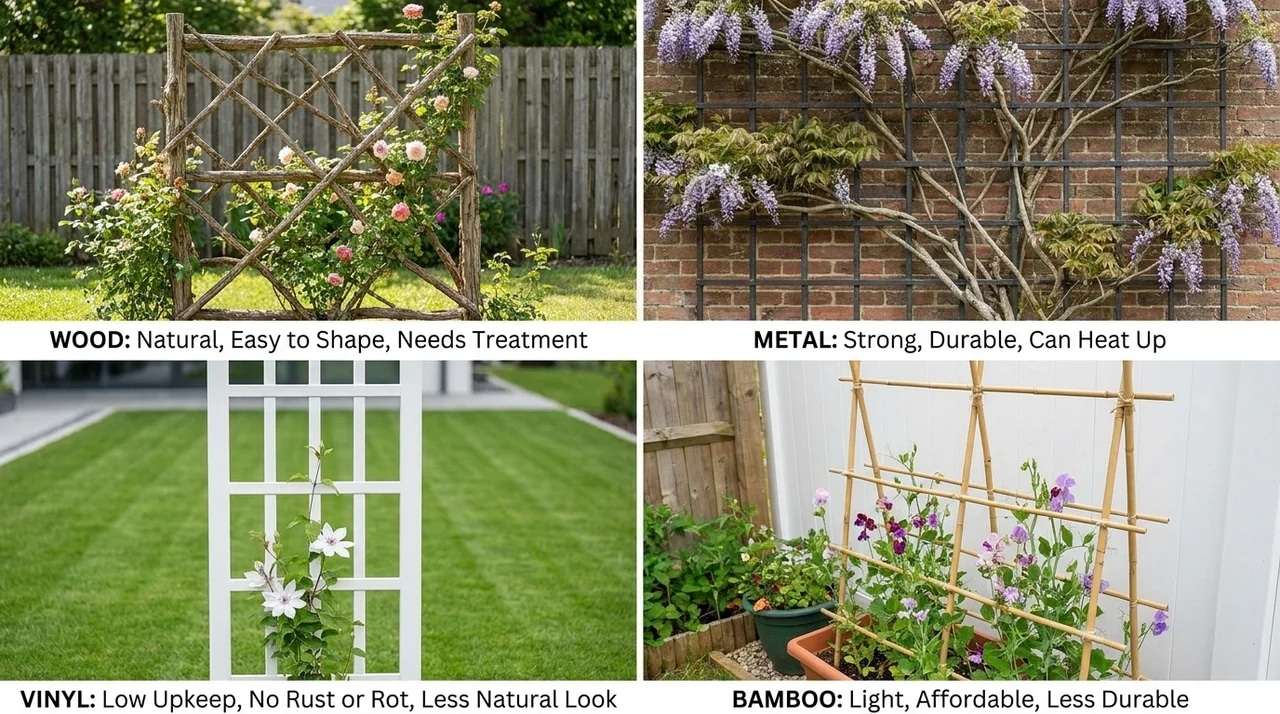 Different trellis materials including wood, metal, vinyl, and bamboo with climbing plants in garden settings.