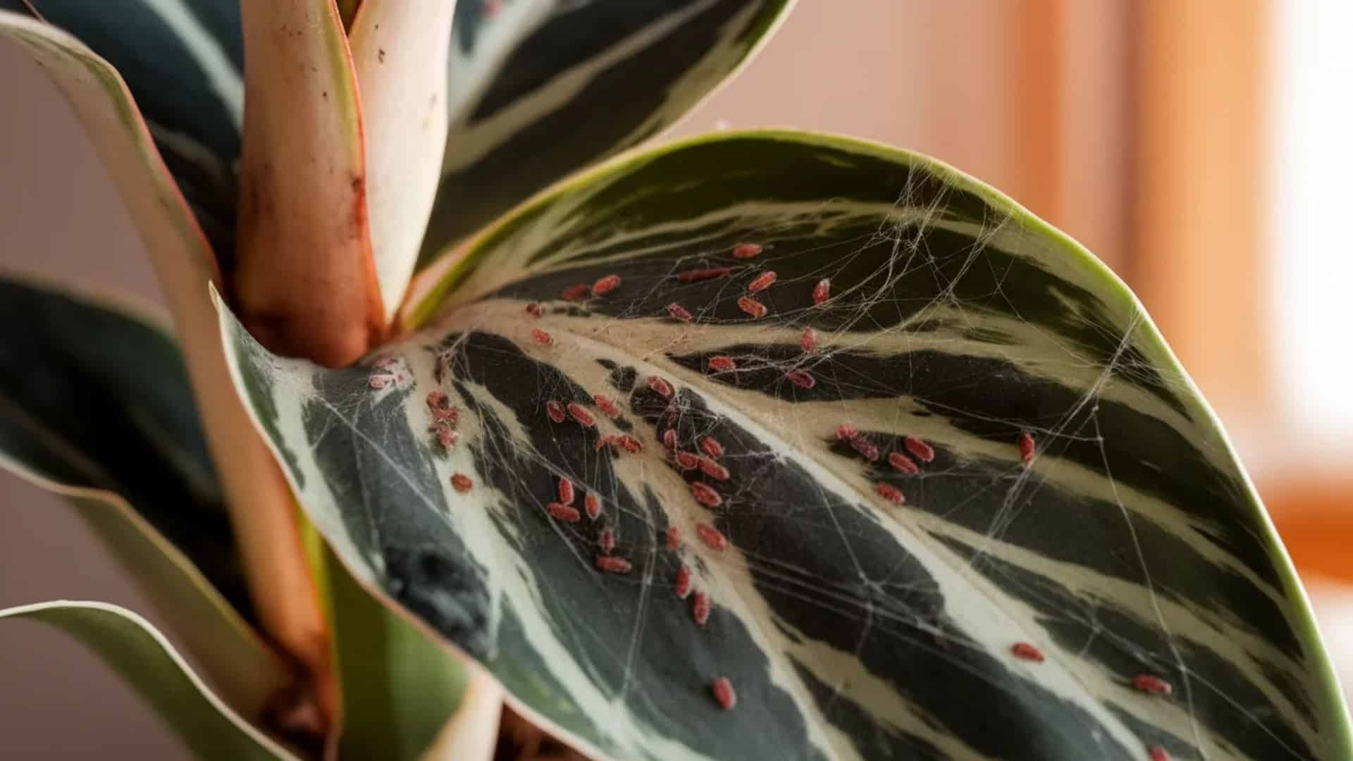 Close-up of spider mite eggs and white webbing still visible on a partially treated houseplant leaf.