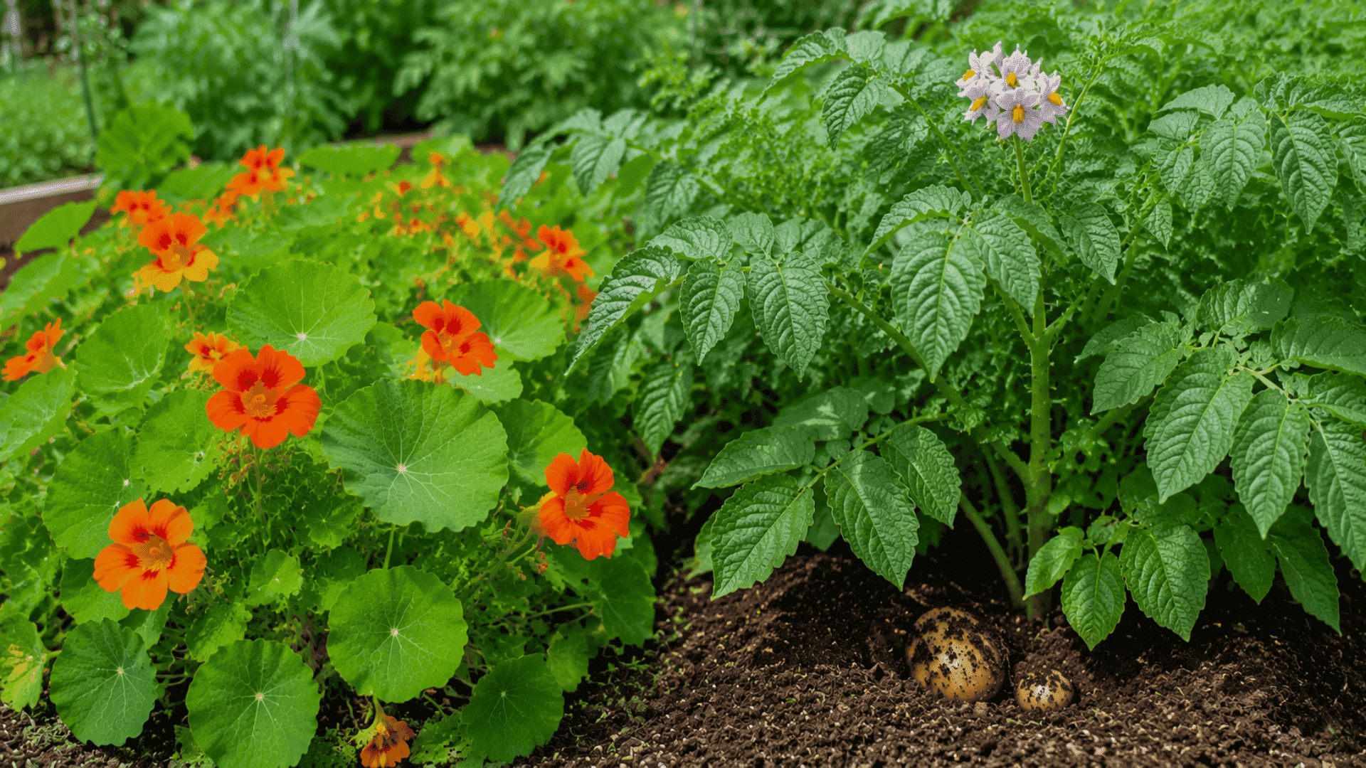 Bright orange nasturtiums grow beside a healthy potato plant with two small potatoes peeking through dark soil in a sunny garden bed.