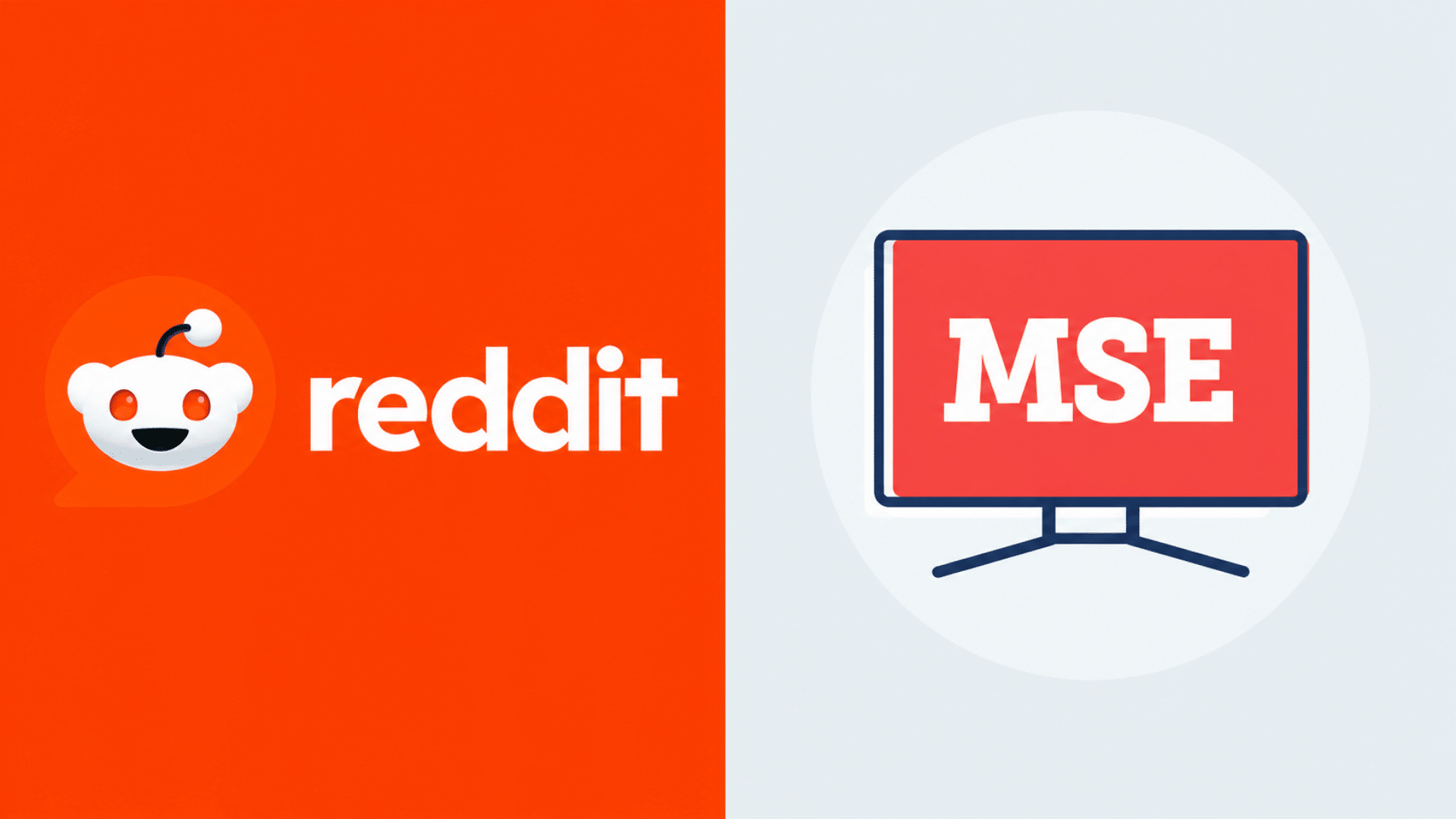 Split-screen graphic showing the Reddit logo on the left and the MSE monitor icon on the right, comparing review sources side by side.