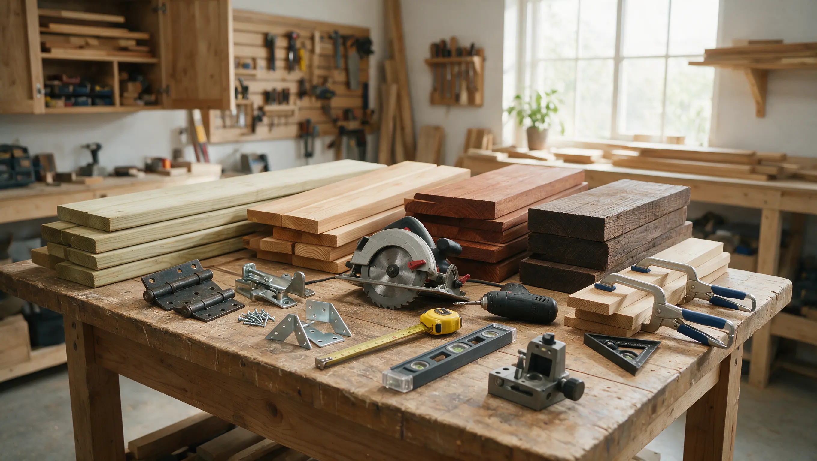 Wood boards, hinges, screws, clamps, and woodworking tools arranged on a workbench for building a wooden garden gate.