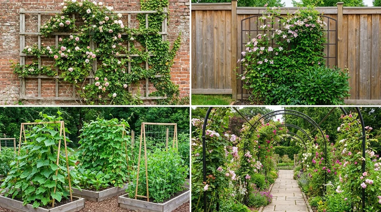 Different trellis designs with climbing roses, flowering vines, vegetables, and garden pathways.