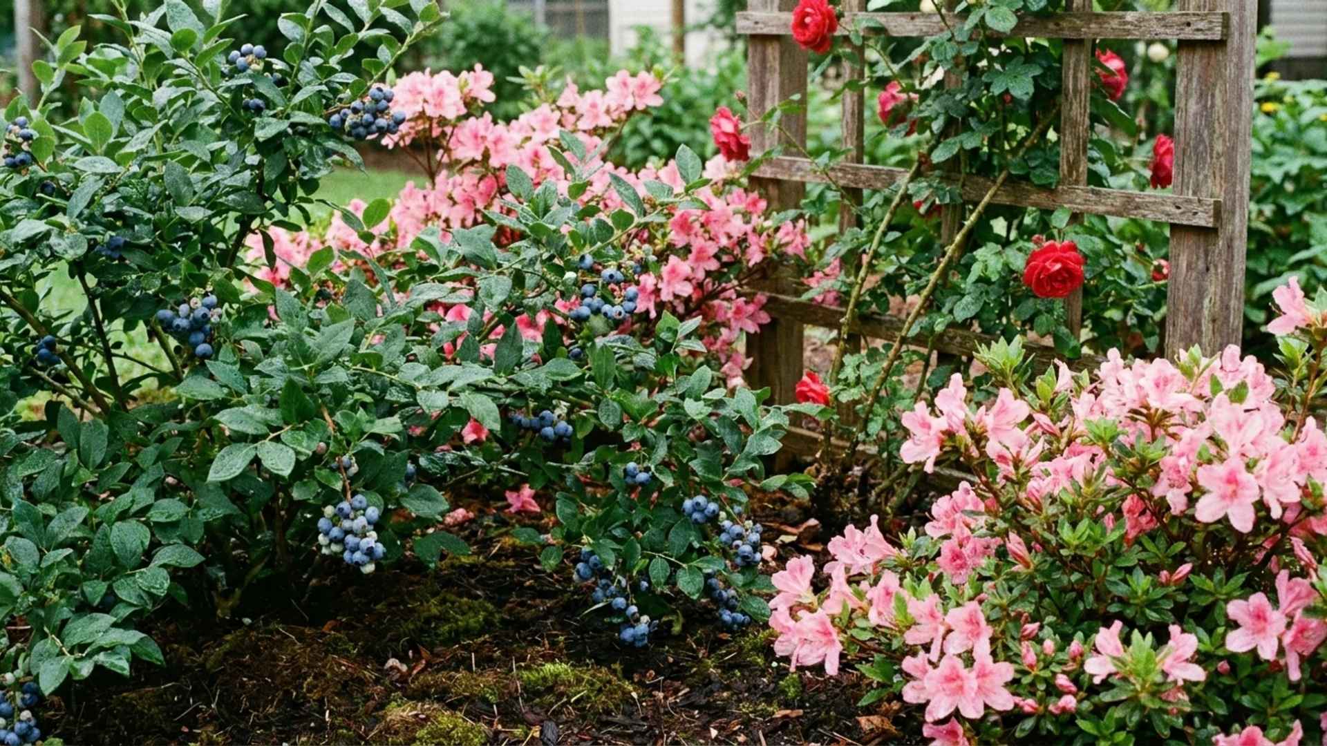 Blueberries, azaleas, and roses in a garden, plants that benefit most from coffee grounds in soil