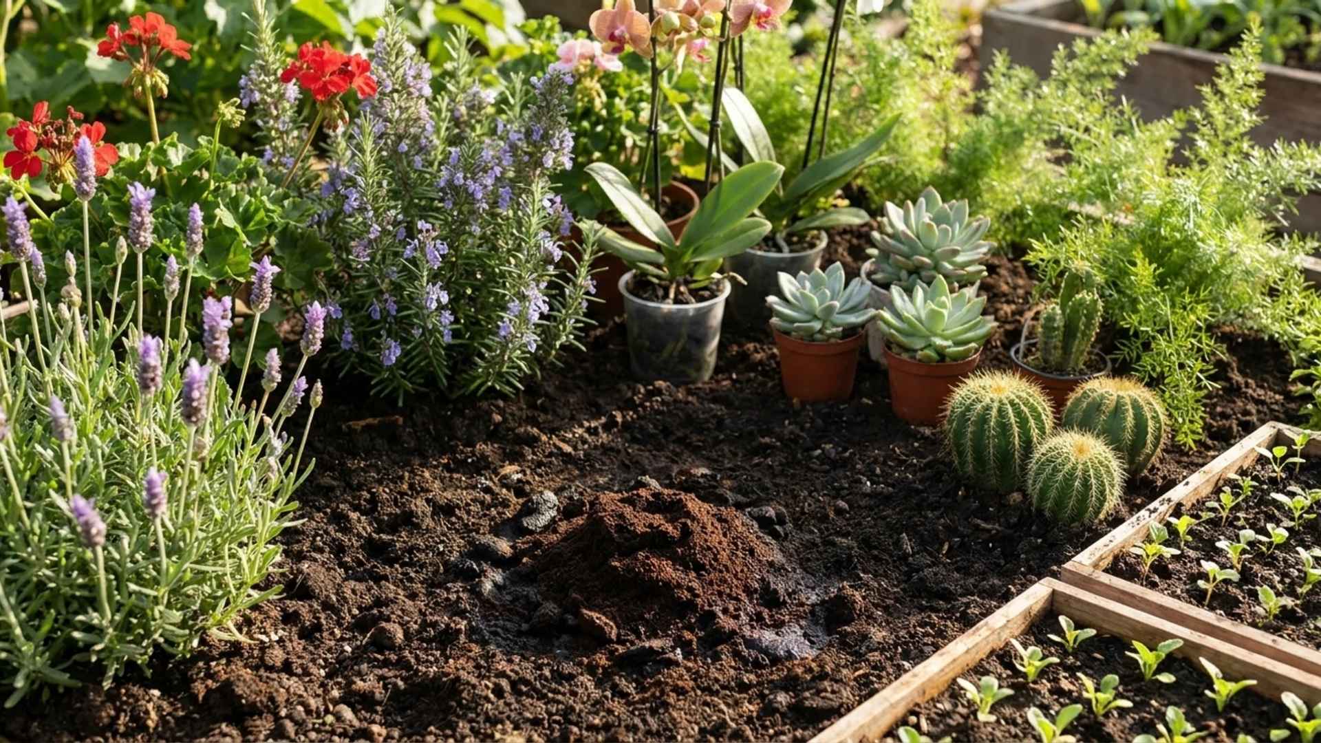 Coffee grounds in garden soil near lavender, rosemary, orchids, succulents, cacti, and seedlings.