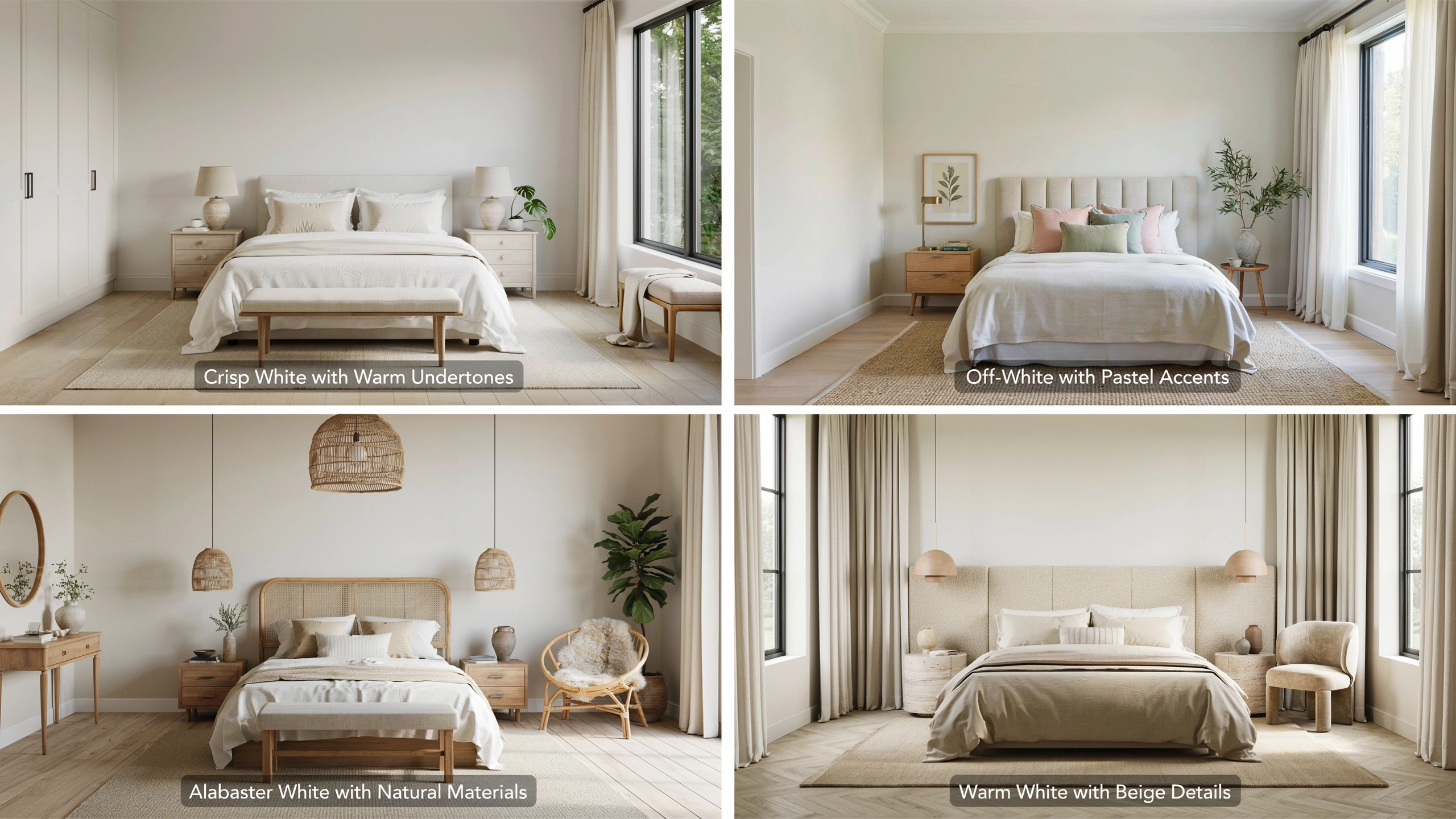 Luxury bedroom collage featuring crisp white, off-white, alabaster, and warm white walls with elegant neutral interiors.