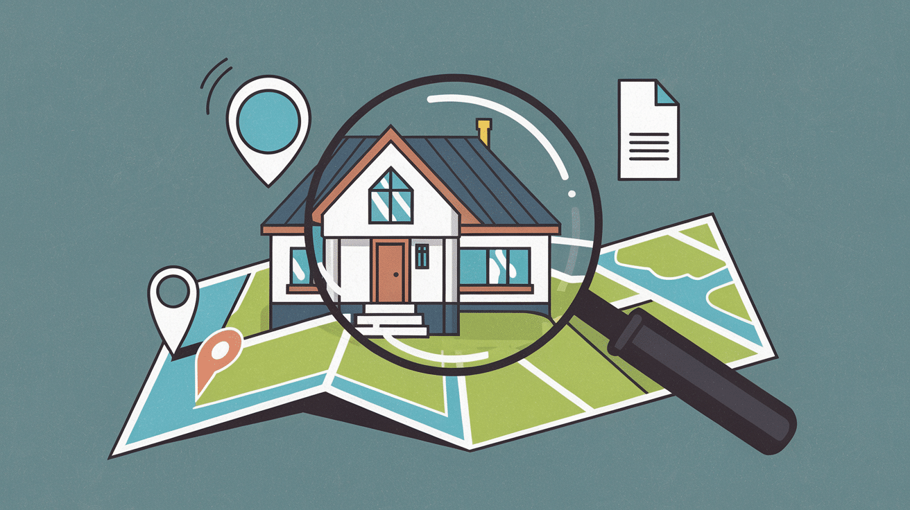 An illustration of a magnifying glass zoomed in on a house over a map with location pins.