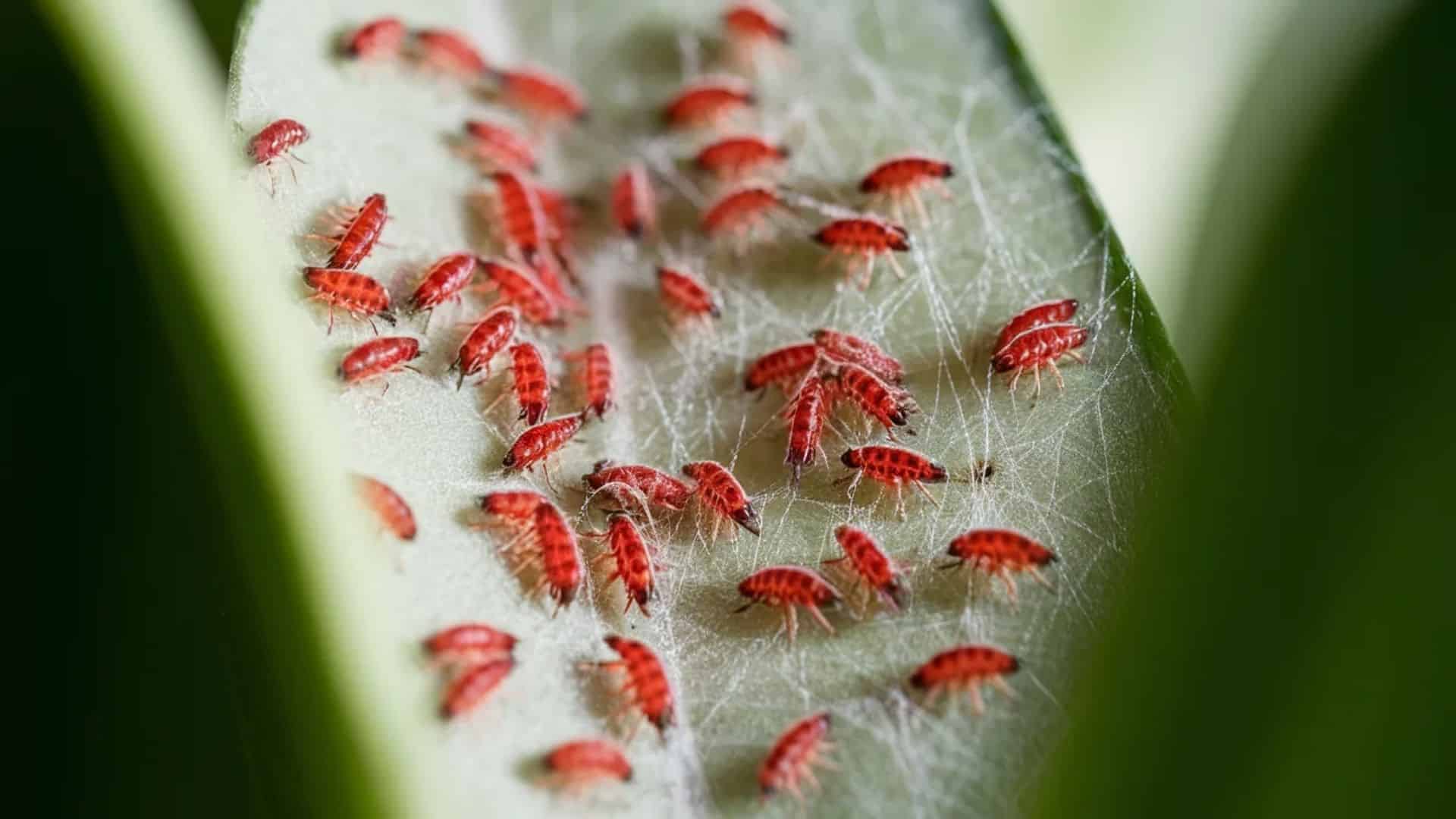 Fine white spider mite webbing stretching between two touching houseplant leaves with tiny mites visible.