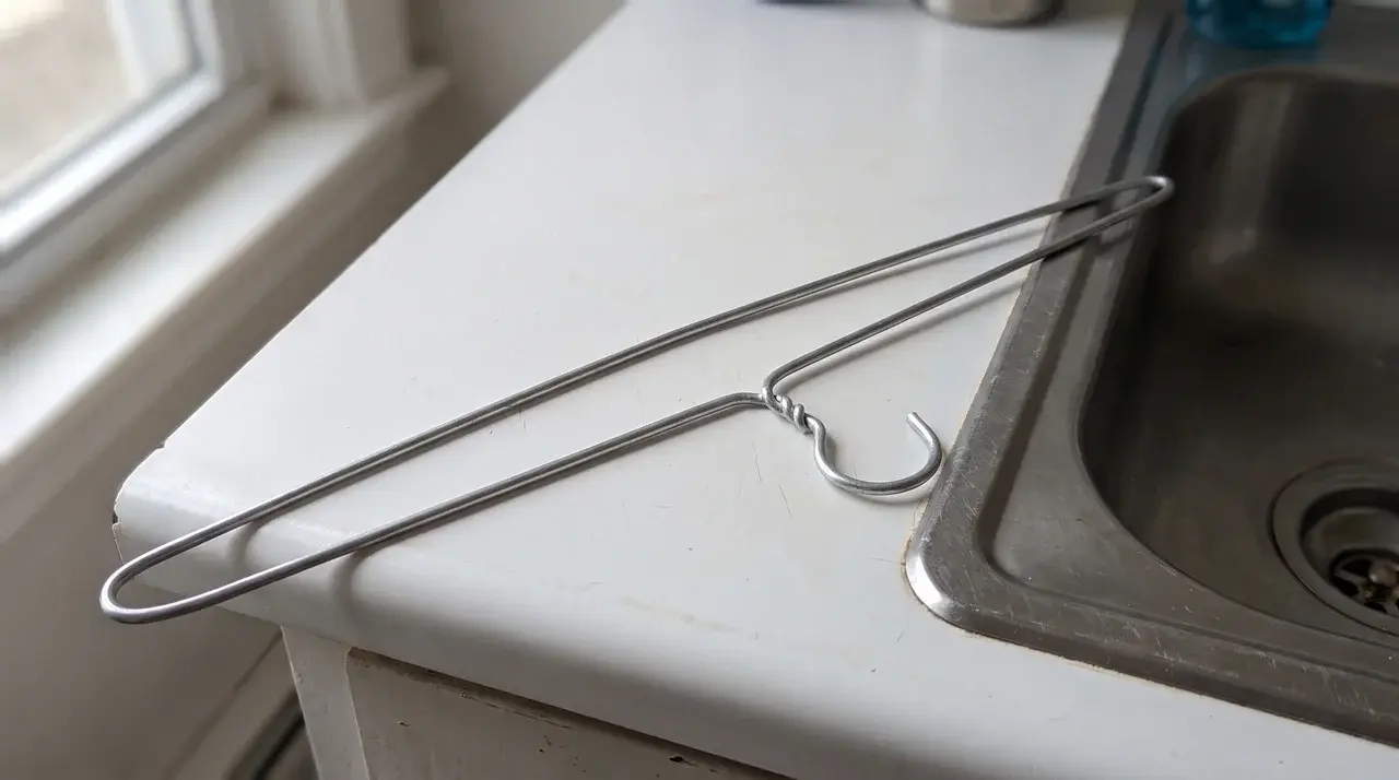 Straightened wire coat hanger with a small hook next to a blocked kitchen sink drain.