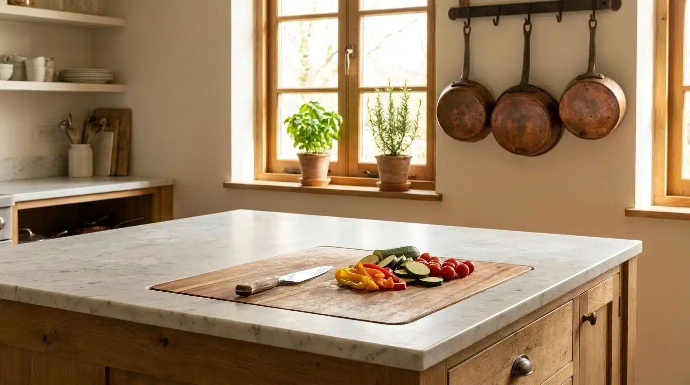Wood cutting insert set into stone countertop