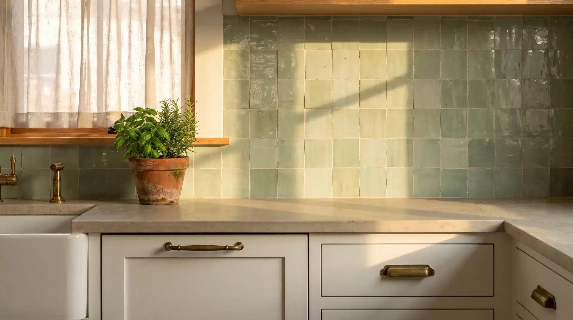Sage green zellige tile splashback with natural glaze variation behind white shaker cabinets and aged brass hardware.