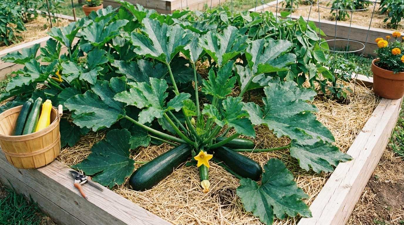 Large sprawling zucchini plant with broad dark green leaves and two full sized zucchinis growing in a wood edged in ground garden bed with straw mulch.