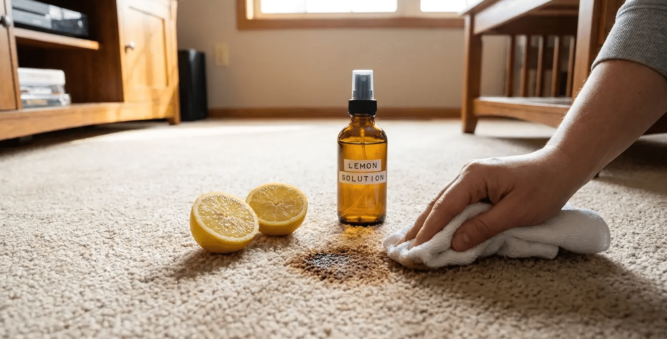 A hand blotting a brown carpet stain with a white cloth beside lemon halves and a bottle of lemon cleaning solution.