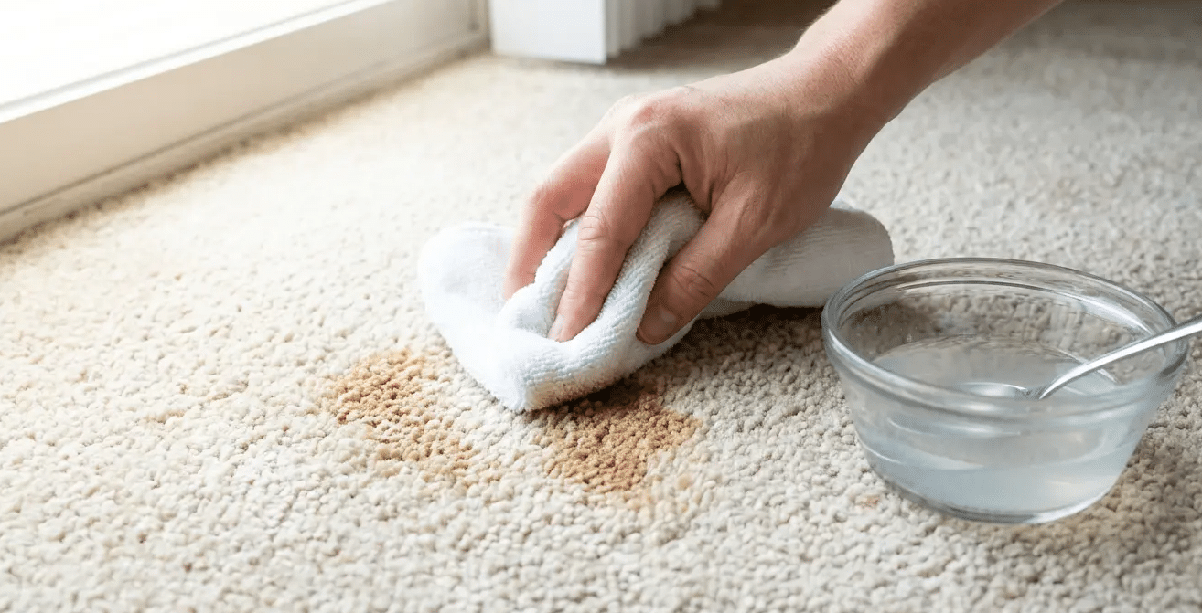 A hand blotting a brown carpet stain with a white cloth beside a bowl of cleaning solution.