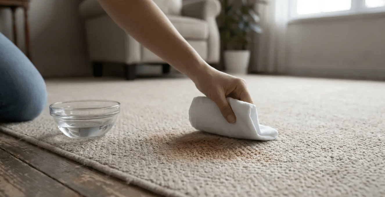 A hand blotting a brown stain on a beige carpet with a white cloth, with a small bowl of cleaning solution nearby.