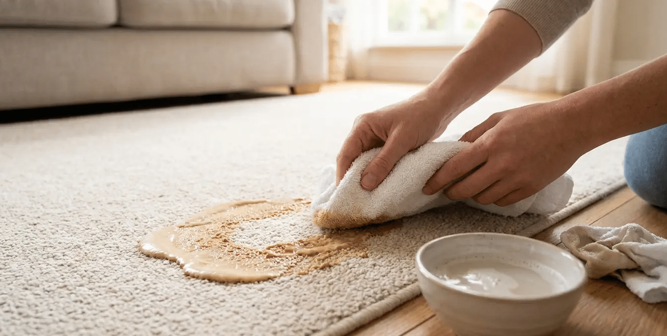 A person blotting a milky coffee stain on a beige carpet with a white cloth and cleaning solution nearby.