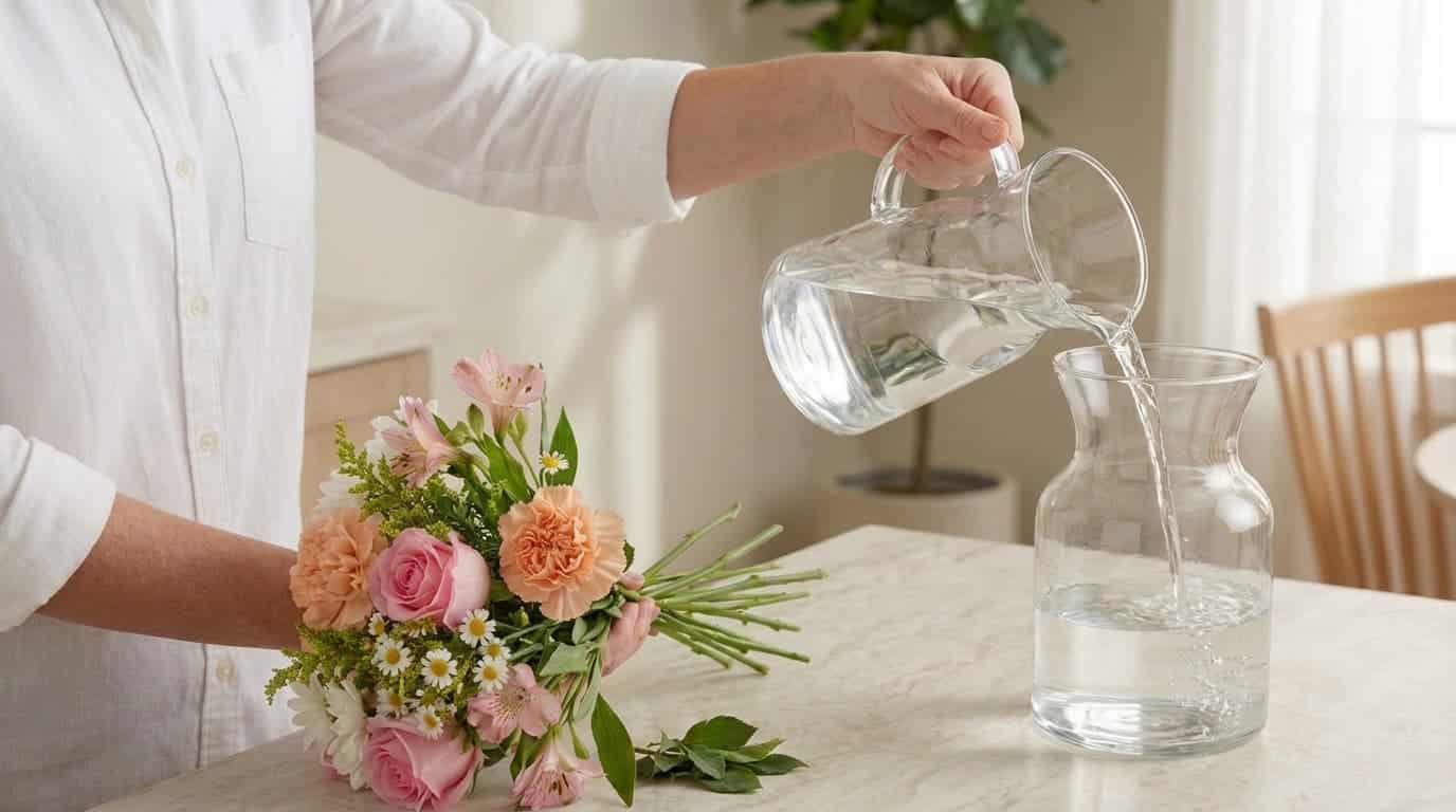 Fresh cut flowers placed in a clean glass vase filled with fresh water.
