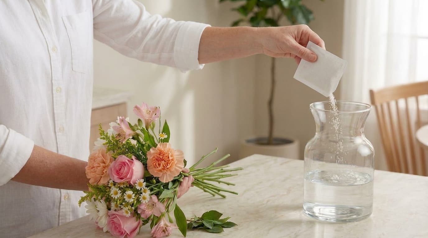 Adding flower food to vase water to extend the life of fresh cut flowers.