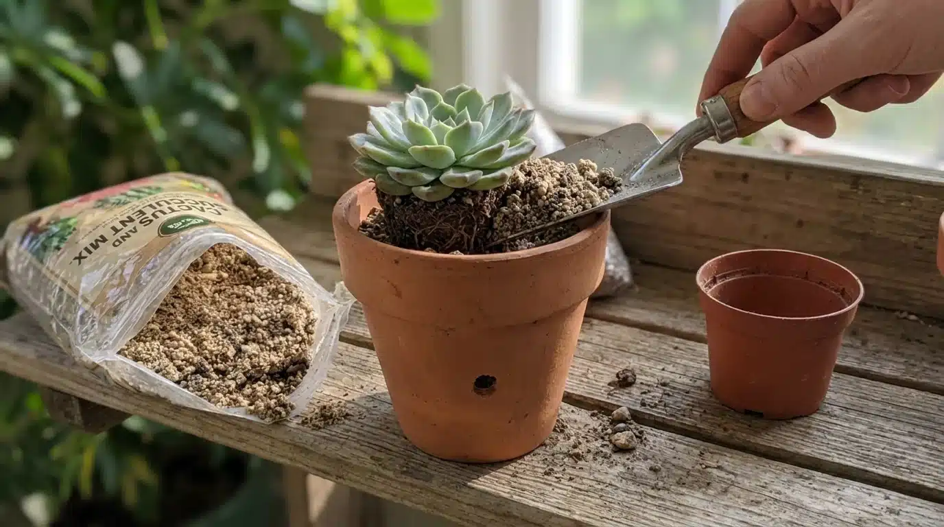 Adding succulent soil around roots while leaving space near the pot rim for watering.