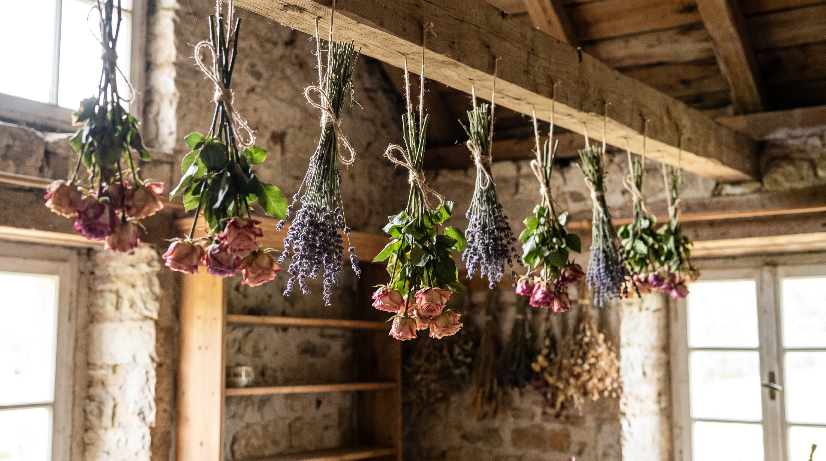 fresh flowers hanging upside down while drying naturally indoors