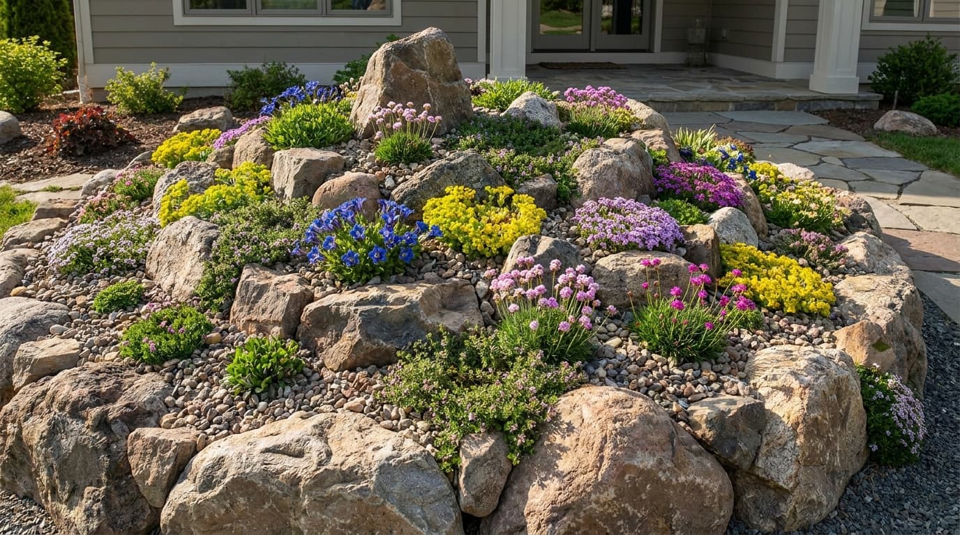 Backyard alpine rock garden with mountain plants, small stones, gravel, and colorful flowers between rocks.