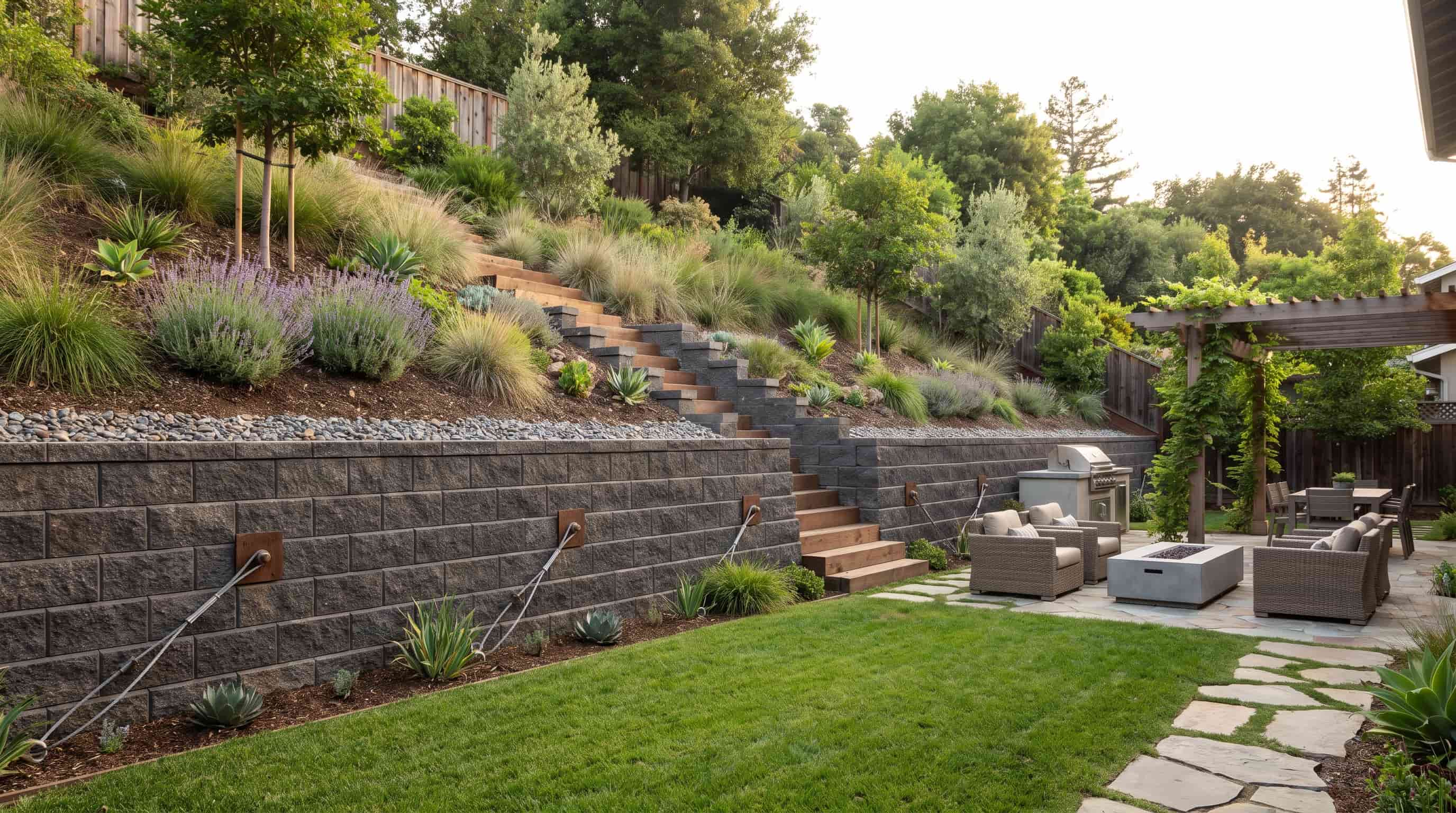 Anchored Retaining Wall Supporting a Sloped Backyard Landscape